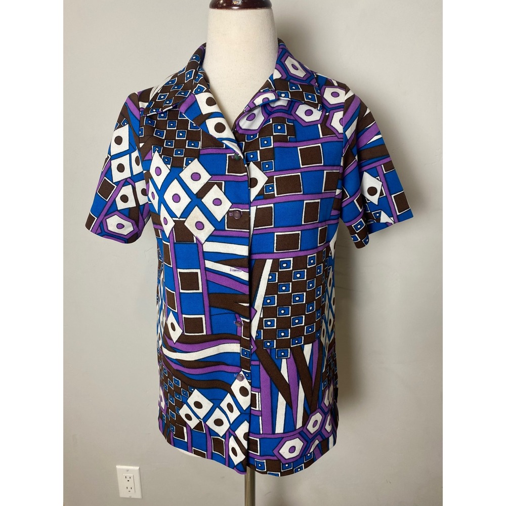 Vintage 60s Abstract Geometric Print Button Down Shirt‎ Blue Purple Mod Top S/M